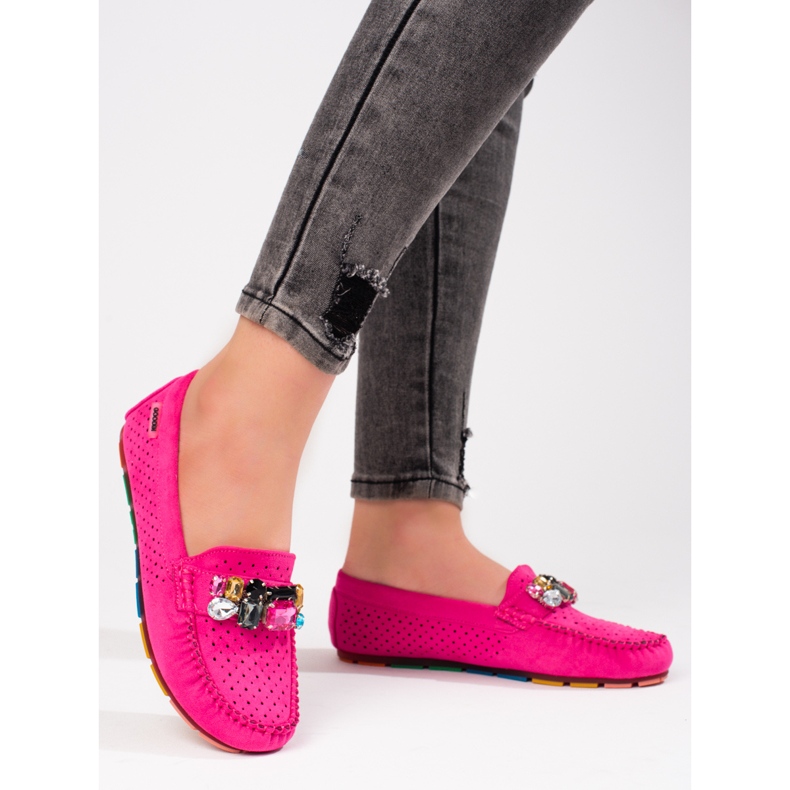 Mocasines de mujer rosa calados con cristales ante Shelovet rosado 1