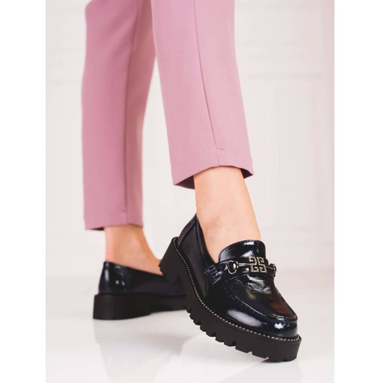 Mocasines mujer lacados sobre suela gruesa Shelovet, azul marino 1