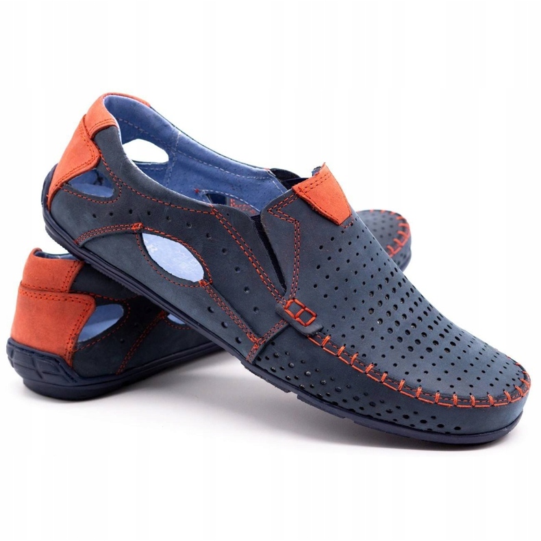 Olivier Zapatos de verano para hombre, mocasines 901, azul marino y rojo. 2