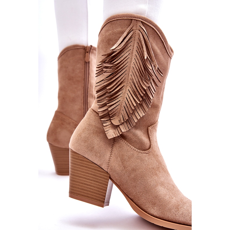S.Barski Botas Cowboy Mujer Ante Bajo Con Flecos, Beige 2