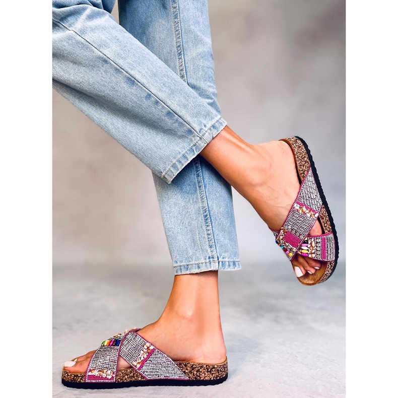 PA1 Chanclas de corcho con cuentas Rezai Fucsia rosado 1