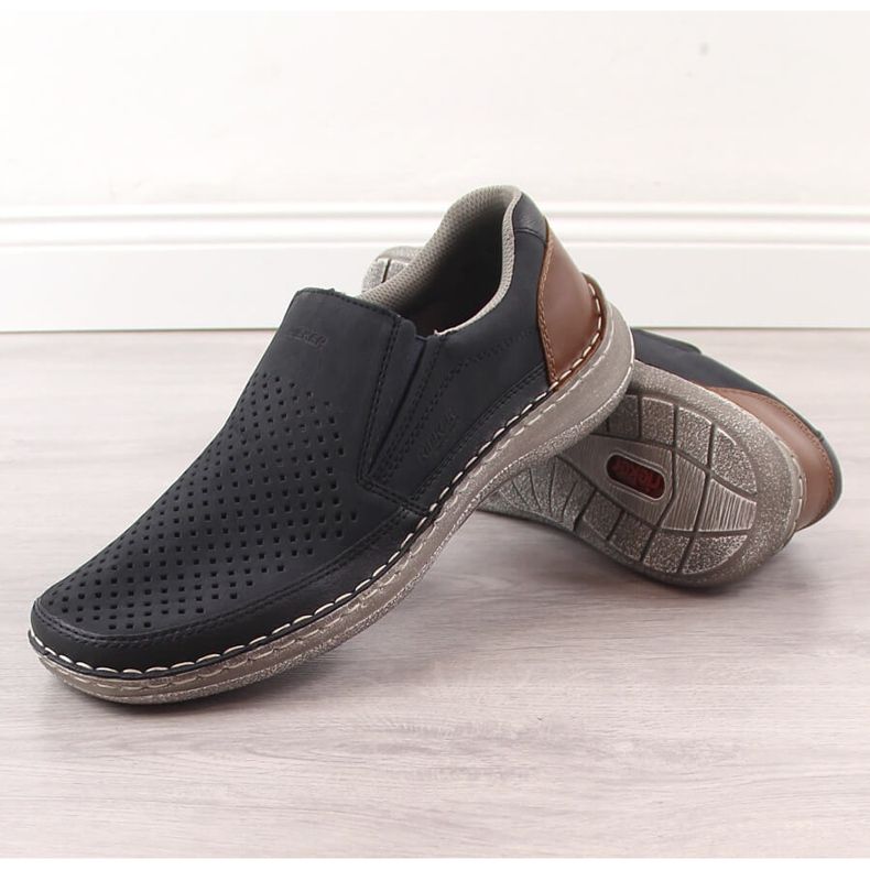 Slip-on hombre calados azul marino cómodos Rieker 03079-14 2