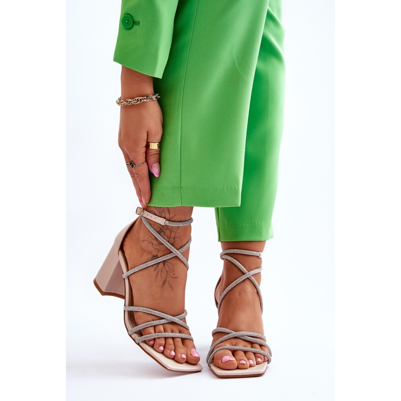 FJ1 Sandalias De Mujer De Piel Con Circonitas En El Tacón Beige Liviano marrón 1