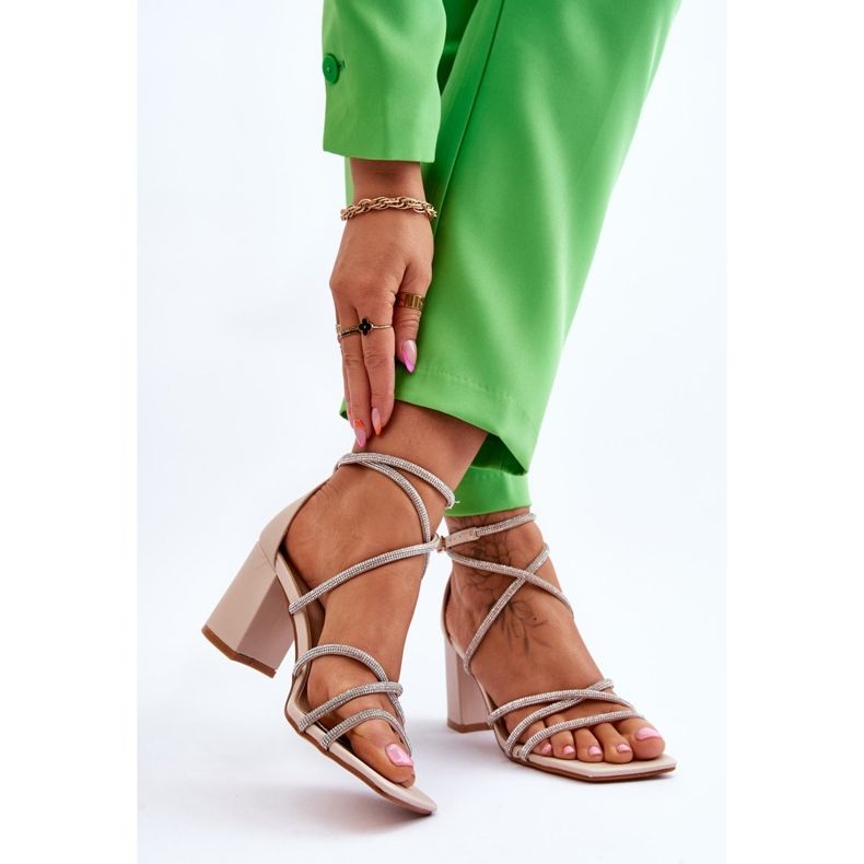 FJ1 Sandalias De Mujer De Piel Con Circonitas En El Tacón Beige Liviano marrón 2