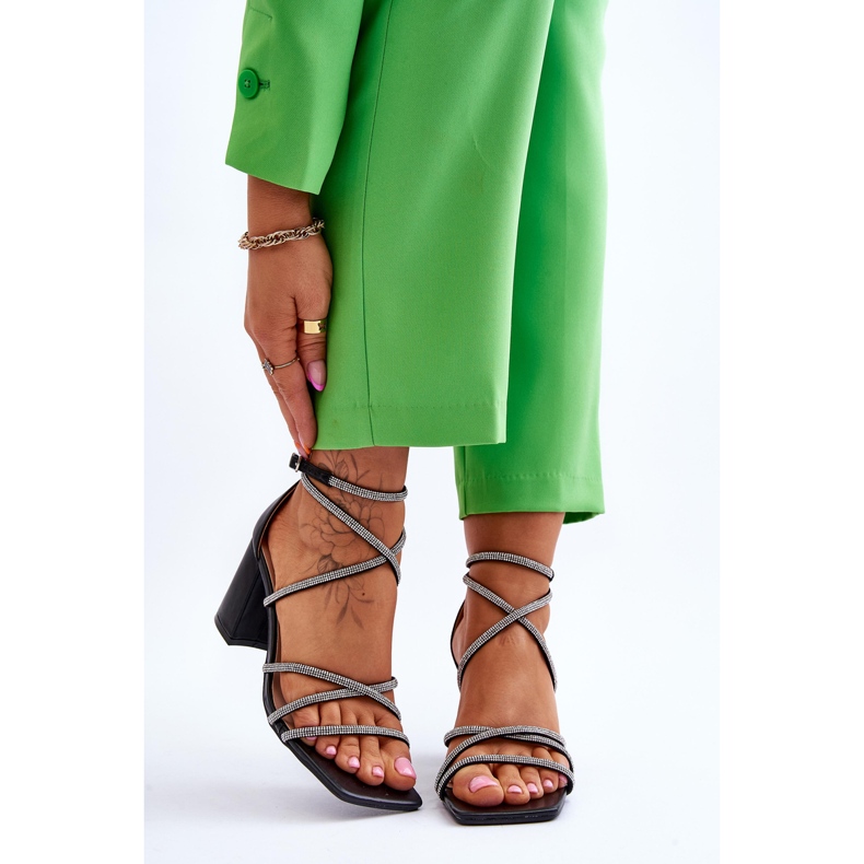 FJ1 Sandalias De Mujer De Piel Con Tacón Alto De Zirconia Cúbica Negro Liviano 1