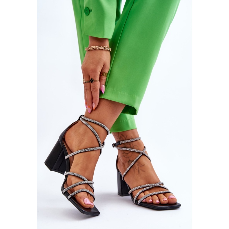 FJ1 Sandalias De Mujer De Piel Con Tacón Alto De Zirconia Cúbica Negro Liviano 2