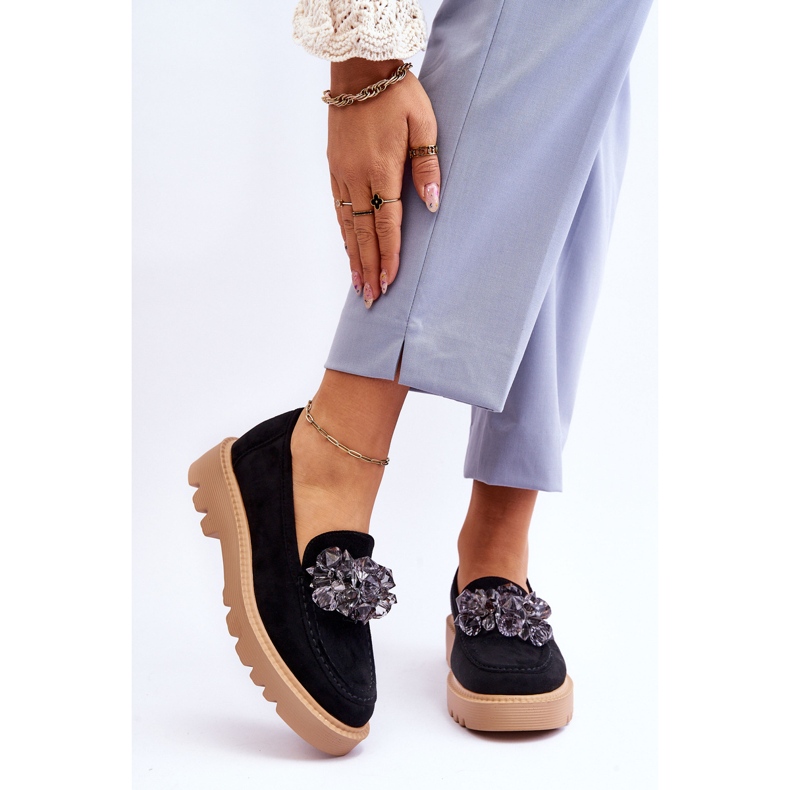 Vinceza Mocasines De Ante Con Cristales De Moda Negro Demeris 1