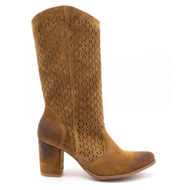 EXQUISITE Botas de mujer de piel calada con tacones altos 1224 marrón coñac 1