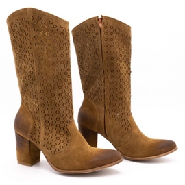 EXQUISITE Botas de mujer de piel calada con tacones altos 1224 marrón coñac 3