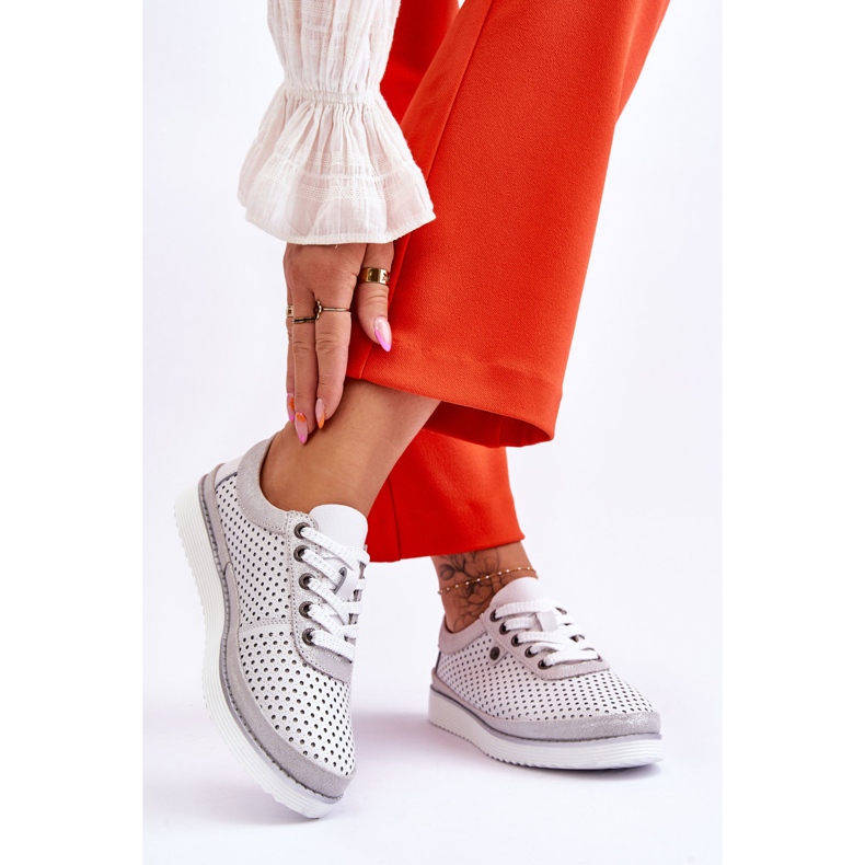 S.Barski Deportivas Cuero Calado Moda Blanco y Plata Cantare 2