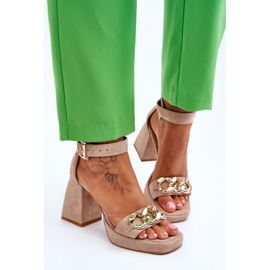Lewski Shoes Sandalias de gamuza para mujer con tacones masivos Leewski Shoes 3207 Beige marrón 5