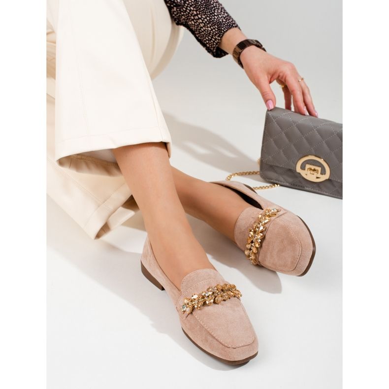 Mocasines de mujer en ante con cristales Shelovet beige 2