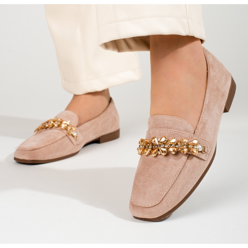 Mocasines de mujer en ante con cristales Shelovet beige 1