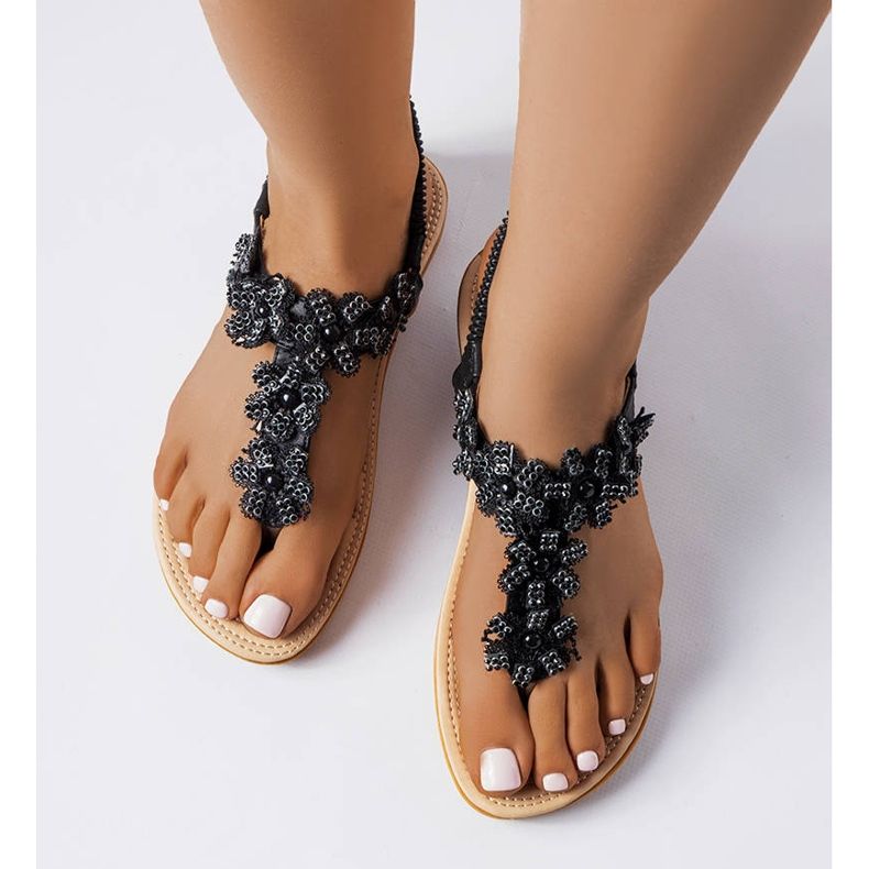 PA1 Sandalias negras decoradas con flores de Hervieux negro 1