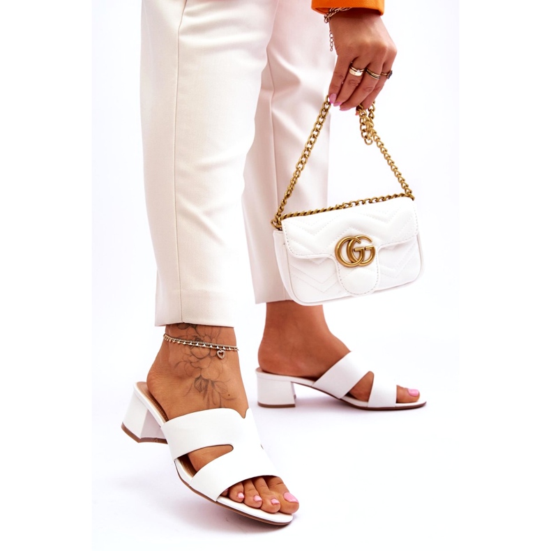 Chanclas Clásicas de Piel con Tacón Bajo, Blanco 3