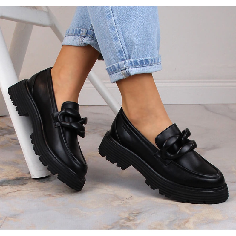 Negro Big Star LL274580 mocasines de tacón alto con cadena 1