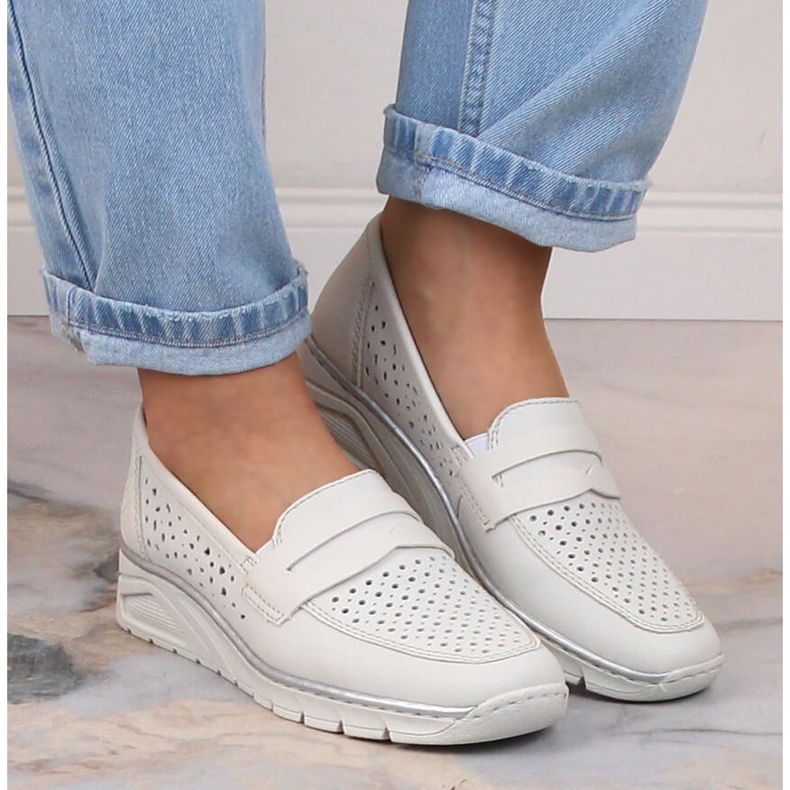 Zapatos cuña mujer piel calada Rieker N3356-80 blanco 1