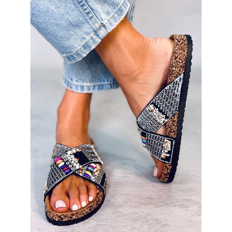 BM Rezai Chanclas de corcho con cuentas negras negro 1
