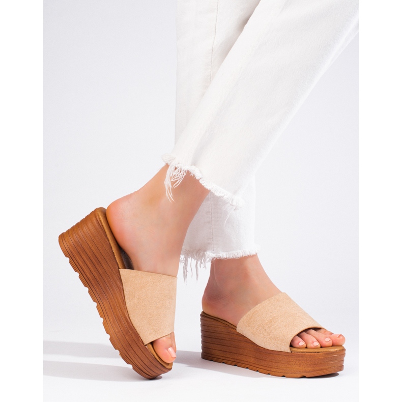 Zapatillas casa mujer cuña Shelovet ante beige 1