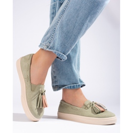 Zapatos sin cordones Shelovet de ante verde con flecos 3