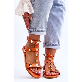 Sandalias Mujer Piel Con Grandes Tachuelas Naranja Mishigan 1