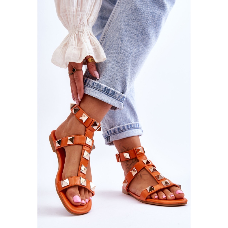 Sandalias Mujer Piel Con Grandes Tachuelas Naranja Mishigan 2