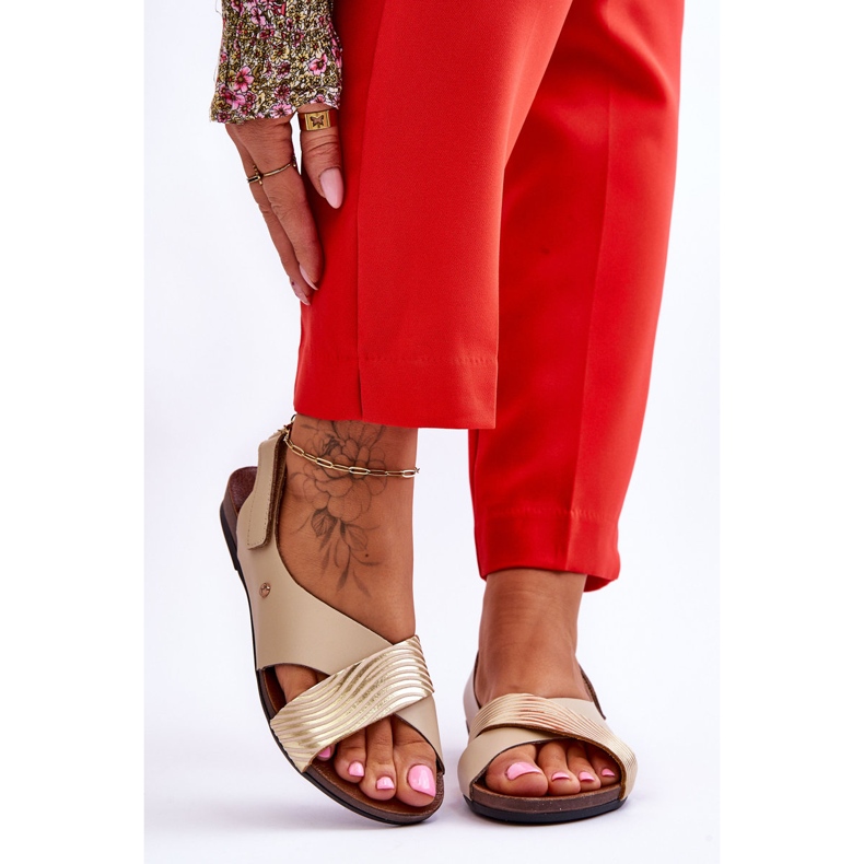 Lemar Sandalias de cuero con velcro Addison en dorado y beige 1