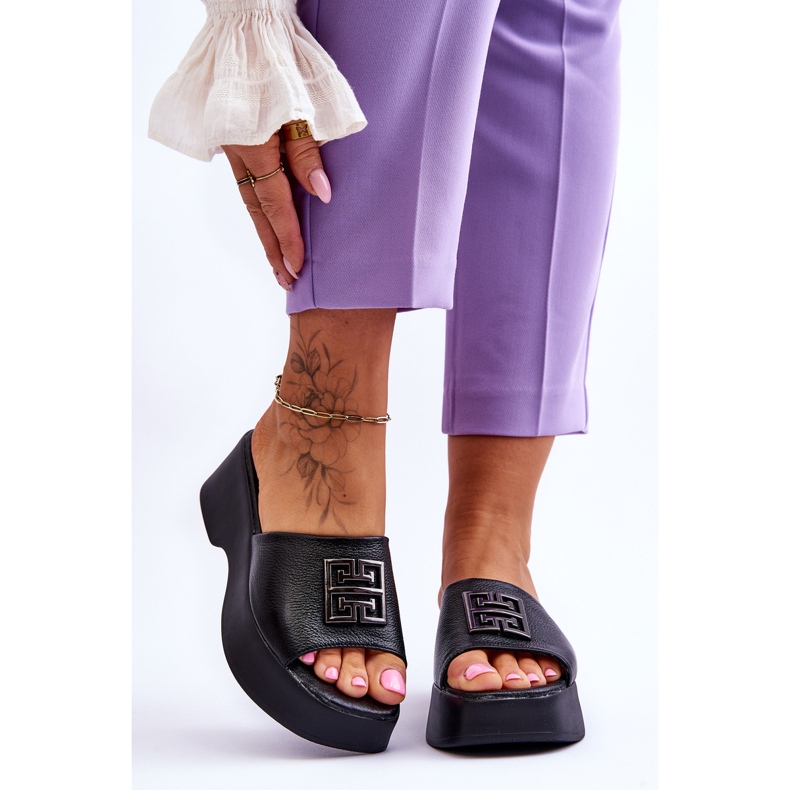 Lemar Pantuflas Mujer Piel Plataforma Con Adornos Negro Renna 1