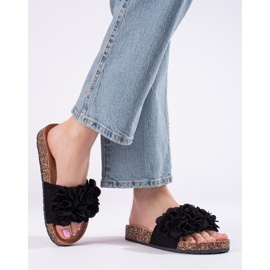 Babuchas Shelovet de corcho negro con flores 2