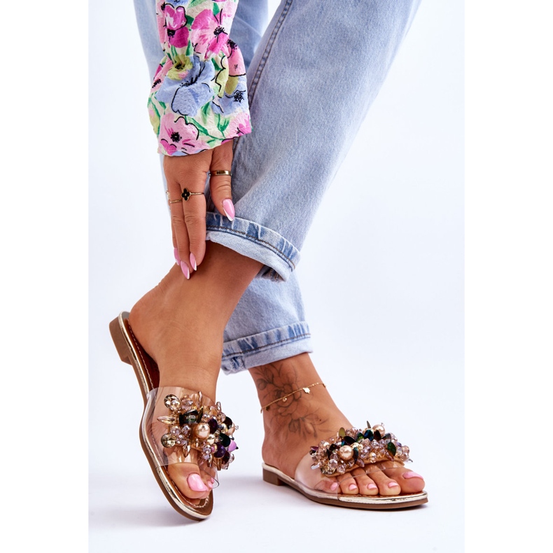 Pantuflas De Mujer Con Piedras Decorativas S.Barski KV-576-3 Oro dorado 2