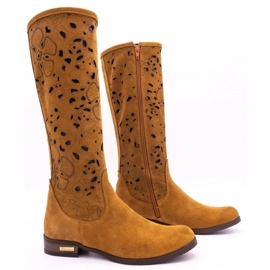 Olivier Botas de mujer caladas Flores rojas marrón 2