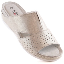 Pantuflas cómodas mujer piel con elástico dorado S.Barski BN290 1