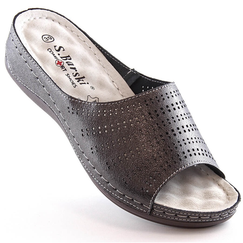 Cómodas zapatillas de estar por casa de mujer en piel con cuña peltre S.Barski BN292 gris 1