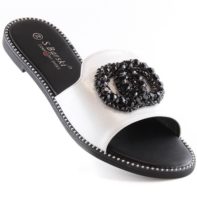 Zapatillas casa mujer cómodas planas con circonitas plata S.Barski Kv 520-30 1