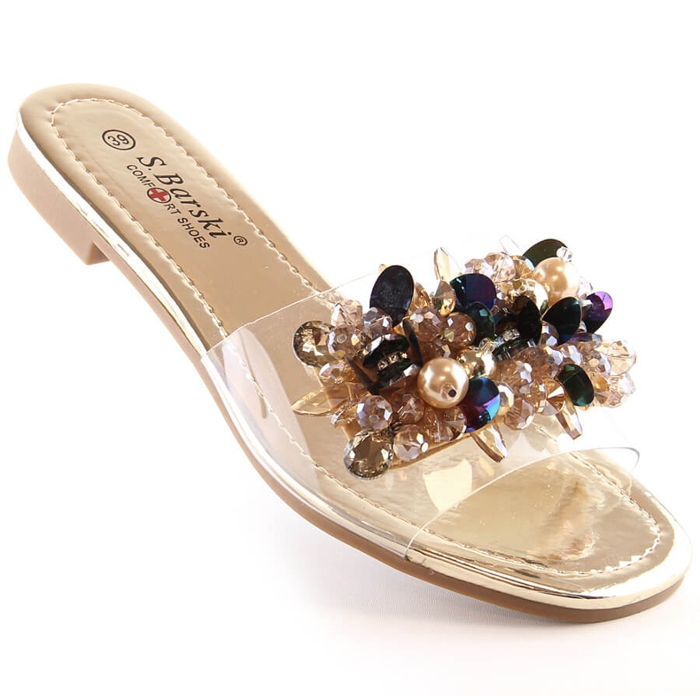 Cómodas zapatillas de estar por casa transparentes con cuentas doradas S.Barski Kv 576-3 dorado 1 Cómodas zapatillas de estar por casa transparentes con cuentas doradas S.Barski Kv 576-3 dorado 1