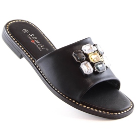 Zapatillas casa mujer planas cómodas negras con circonitas S.Barski Kv 2775-31 negro 1