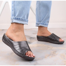 Cómodas zapatillas de estar por casa de mujer en piel con cuña peltre S.Barski BN292 gris 3