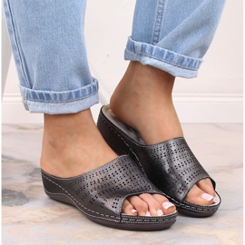 Cómodas zapatillas de estar por casa de mujer en piel con cuña peltre S.Barski BN292 gris 4