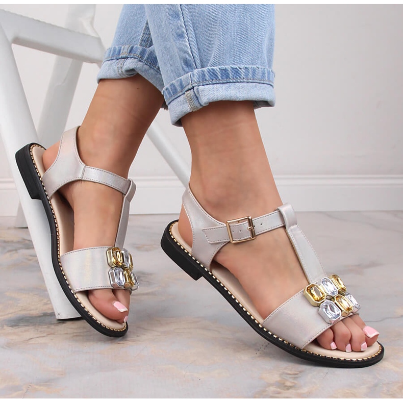 Sandalias mujer planas cómodas beige con circonitas S.Barski 2775-30 1