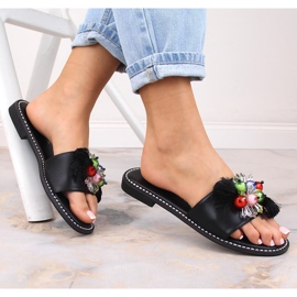 Zapatillas casa mujer planas cómodas negras con abalorios S.Barski Kv 2775-47 negro 2