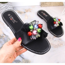 Zapatillas casa mujer planas cómodas negras con abalorios S.Barski Kv 2775-47 negro 5