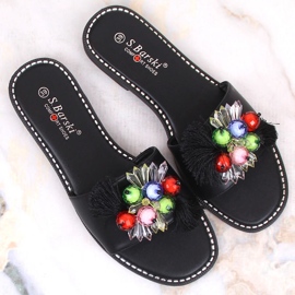 Zapatillas casa mujer planas cómodas negras con abalorios S.Barski Kv 2775-47 negro 8