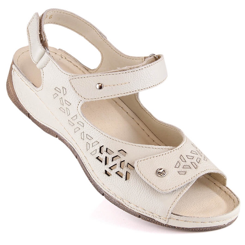 Cómodas sandalias mujer de piel con tiras de velcro Ekri Helios 266-2 beige 1