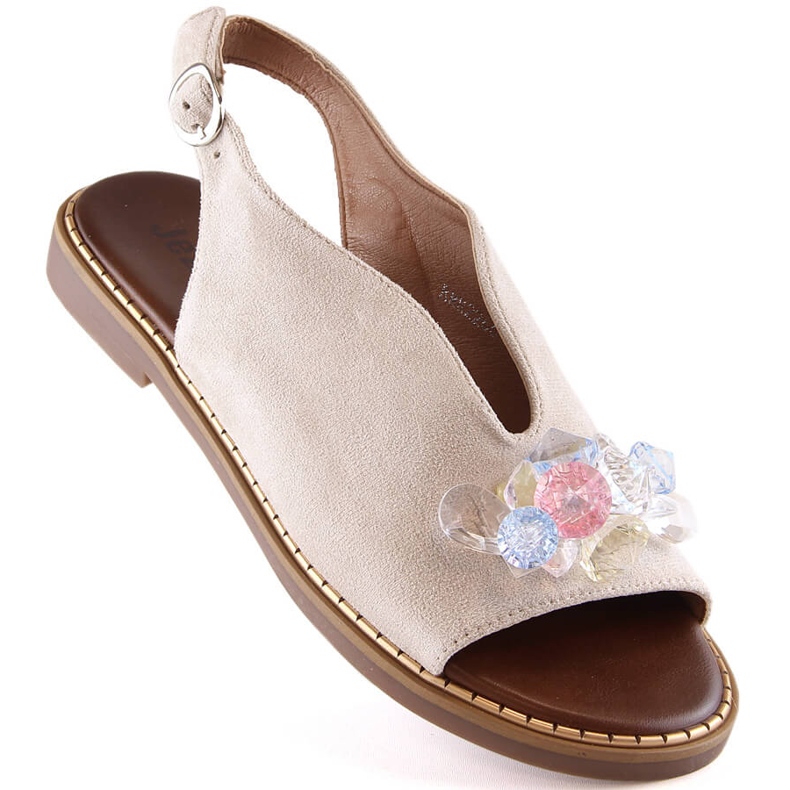 Sandalias mujer planas de ante con cristales beige Jezzi RMR2266-2 1