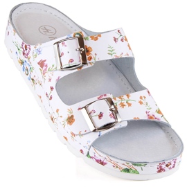 Chanclas mujer cómodas de piel con flores Helios 288 blanco 2
