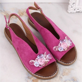 Sandalias mujer planas de ante con cristales fucsia Jezzi RMR2266-2 rosado 4