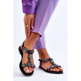 Sandalias planas de ante Dallas negras con piedras negro 2