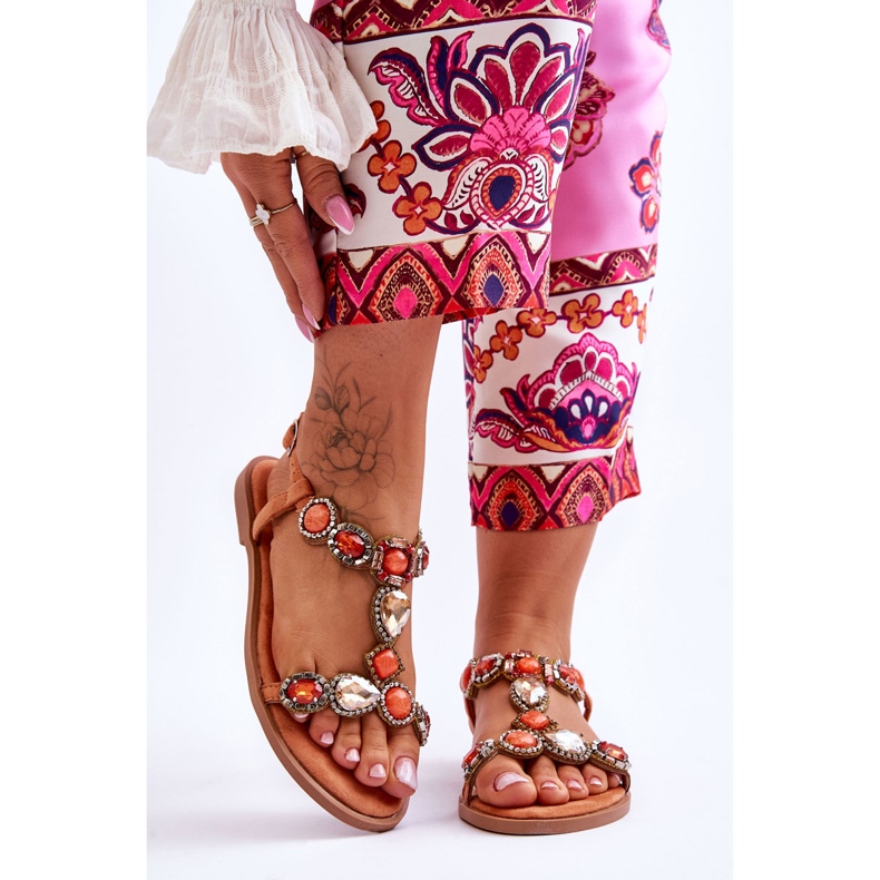 Sandalias Planas De Ante Dallas Naranja Con Piedras 1
