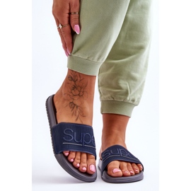 Pantuflas De Mujer Ligeras Con Inscripción Merry Azul Marino-Gris 1