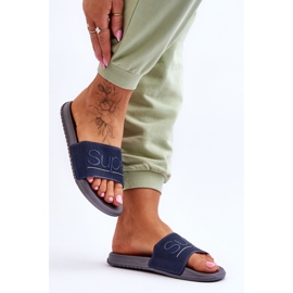 Pantuflas De Mujer Ligeras Con Inscripción Merry Azul Marino-Gris 5
